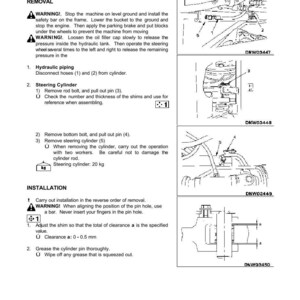 K&ouml;nnte beinhalten: Diagramm zur Demontage und Montage eines Lenkzylinders. Das Dokument enth&auml;lt Anweisungen zum Ausbau und Einbau mit detaillierten Illustrationen und Warnhinweisen. Der Text enth&auml;lt Ma&szlig;e in Millimetern und das Gewicht des Lenkzylinders betr&auml;gt 20 kg.