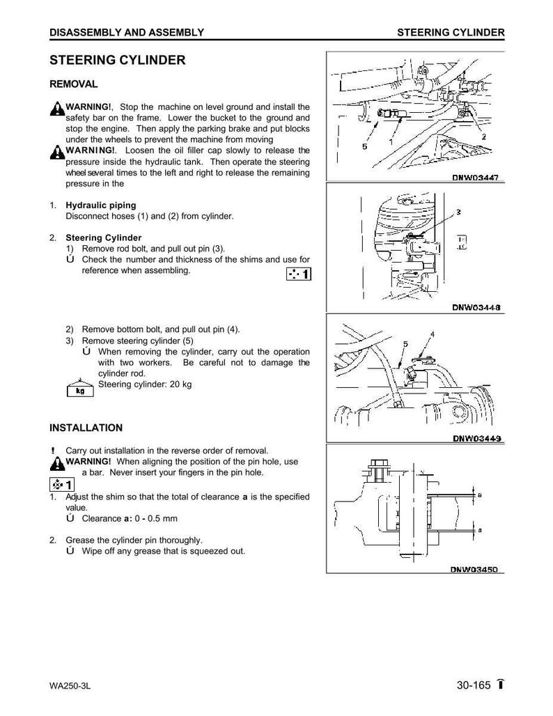 K&ouml;nnte beinhalten: Diagramm zur Demontage und Montage eines Lenkzylinders. Das Dokument enth&auml;lt Anweisungen zum Ausbau und Einbau mit detaillierten Illustrationen und Warnhinweisen. Der Text enth&auml;lt Ma&szlig;e in Millimetern und das Gewicht des Lenkzylinders betr&auml;gt 20 kg.