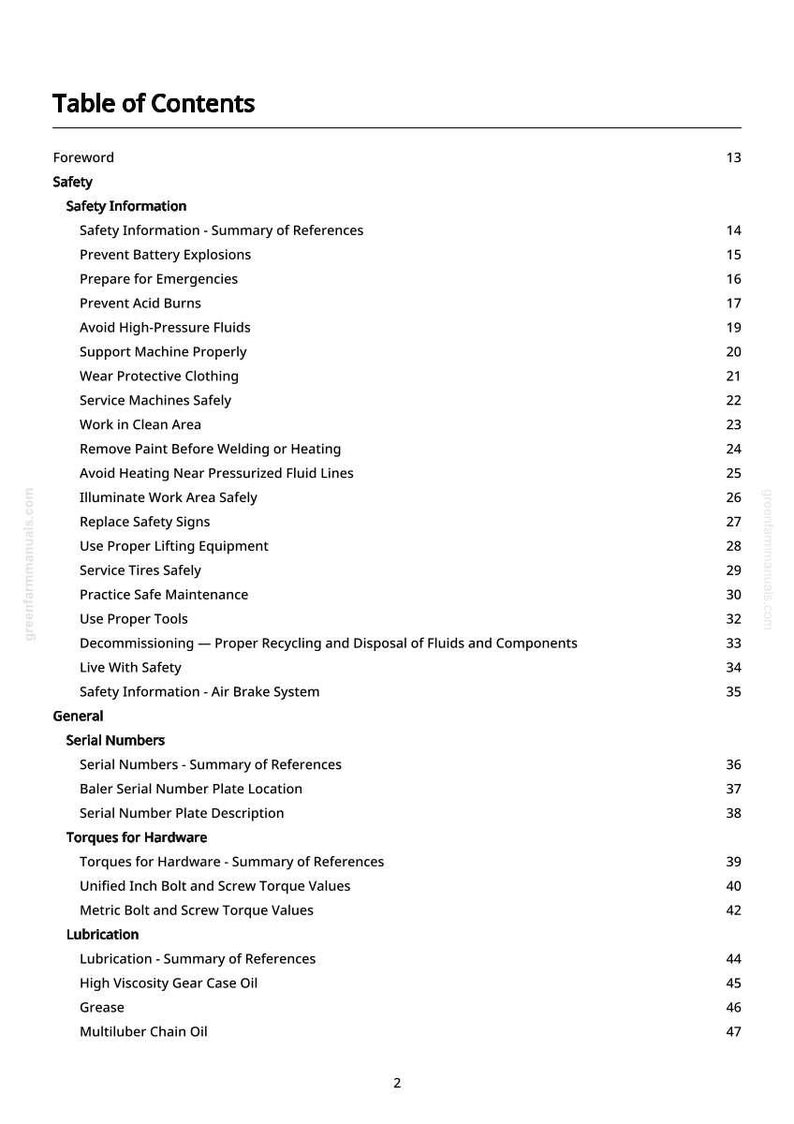 Op de afbeelding: Een witte pagina met een zwarte tekstinhoudsopgave. De tabel bevat veiligheidsinformatie, serienummers, koppels voor hardware en smeeronderwerpen. Het paginanummer is rechtsonder zichtbaar.