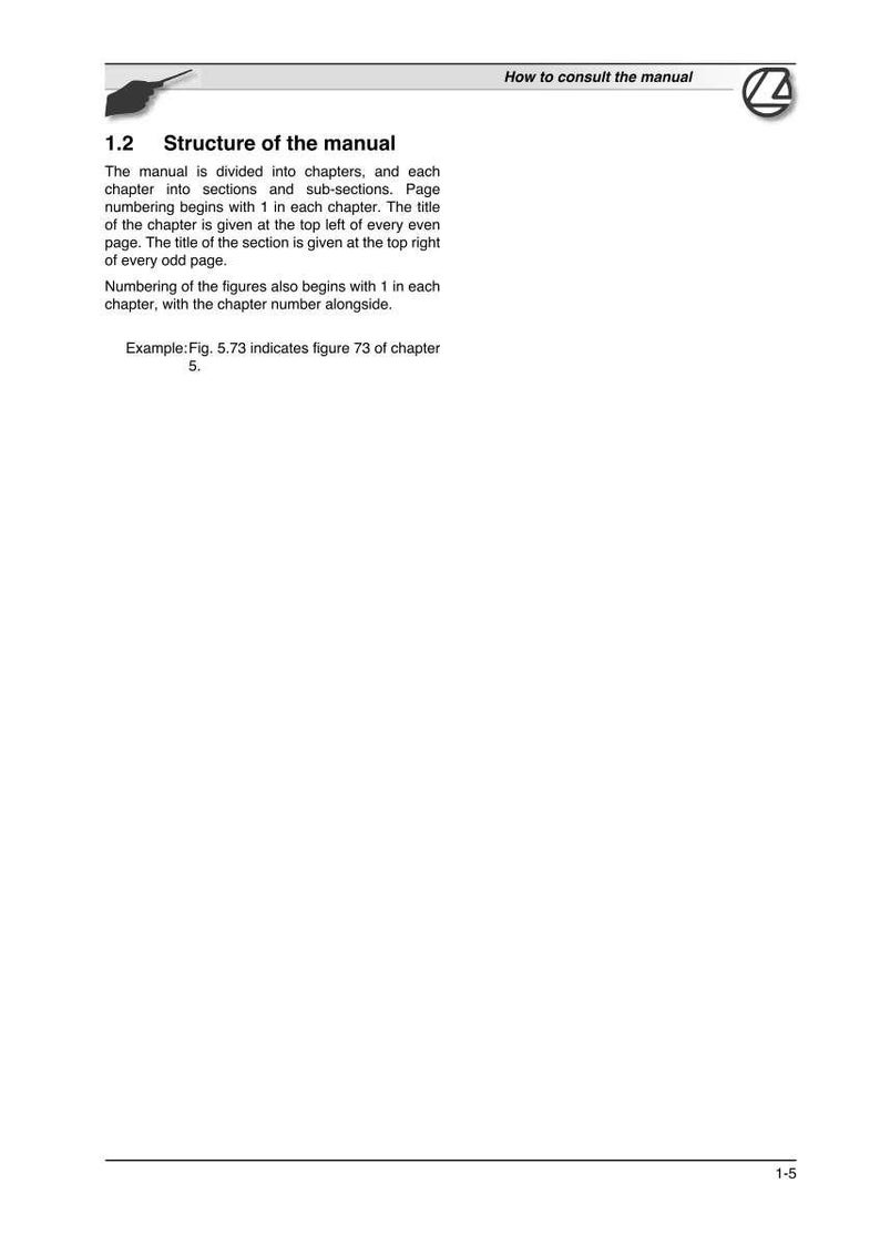K&ouml;nnte beinhalten: Eine Seite aus einem Handbuch mit dem Titel "Struktur des Handbuchs". Der Text erkl&auml;rt die Organisation des Handbuchs in Kapitel, Abschnitte und Unterabschnitte, mit Seiten- und Abbildungsnummerierung. Oben rechts steht "How to consult the manual".