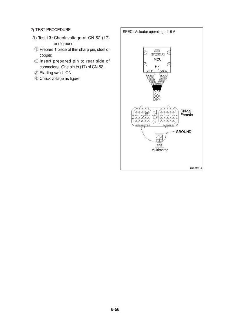 May include: Diagram of an electrical test procedure. The image includes a wiring diagram, a multimeter, and instructions for checking voltage at CN-52. The text includes the steps to prepare a pin and check the voltage.