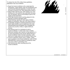 May include: A safety document titled "Fire Prevention" with guidelines to reduce fire risk, especially in dry crop conditions. Includes instructions on using fire extinguishers, removing debris, and avoiding high-pressure washing. A black flame graphic is in the upper right corner.