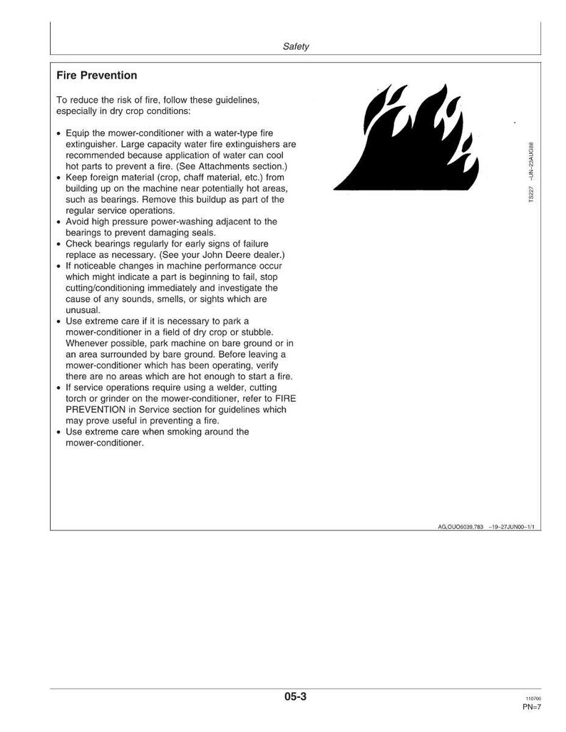 May include: A safety document titled "Fire Prevention" with guidelines to reduce fire risk, especially in dry crop conditions. Includes instructions on using fire extinguishers, removing debris, and avoiding high-pressure washing. A black flame graphic is in the upper right corner.