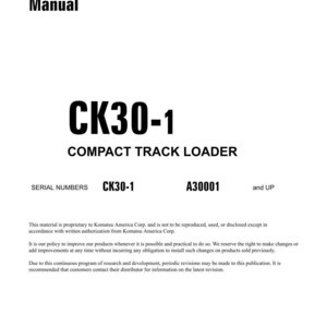 K&ouml;nnte beinhalten: Ein wei&szlig;es Shop-Handbuch mit dem Titel "CK30-1 Compact Track Loader". Das Cover zeigt fetten schwarzen Text, einschlie&szlig;lich der Modellnummer und der Worte "Shop Manual". Das Dokument enth&auml;lt Seriennummern und Urheberrechtsinformationen.