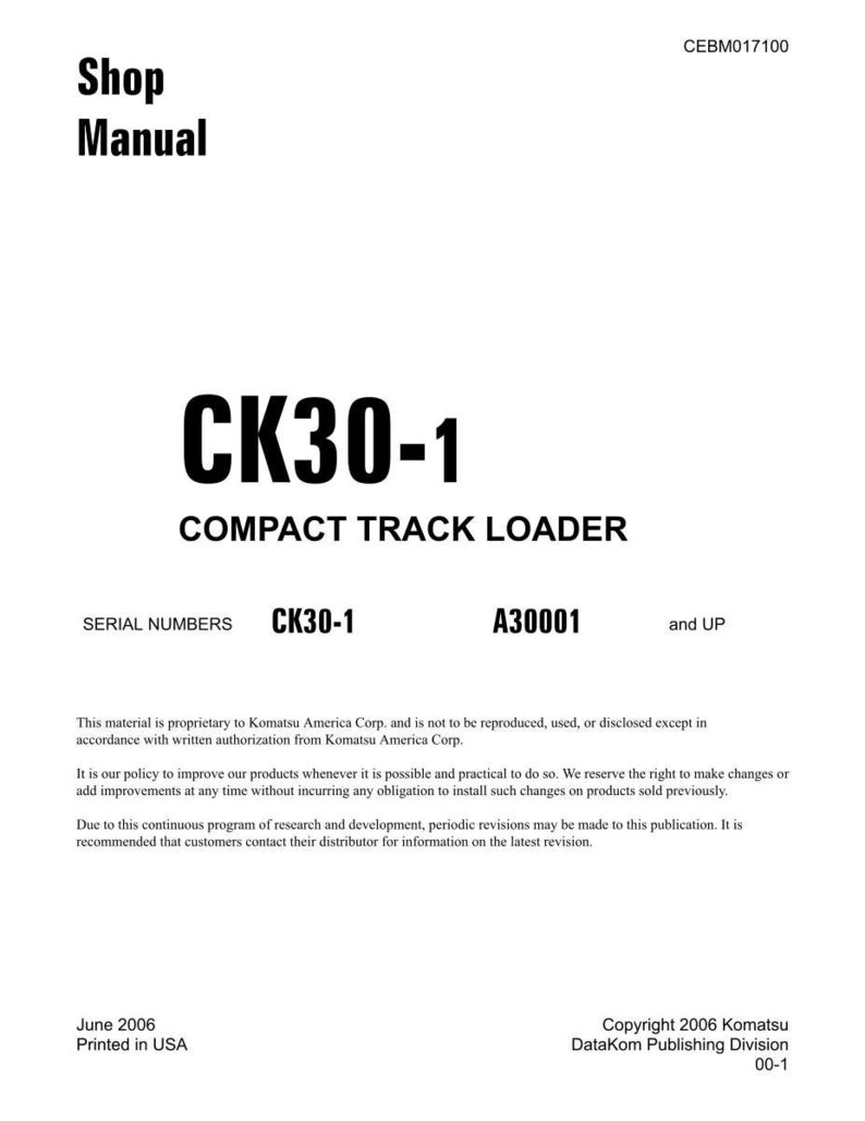 K&ouml;nnte beinhalten: Ein wei&szlig;es Shop-Handbuch mit dem Titel "CK30-1 Compact Track Loader". Das Cover zeigt fetten schwarzen Text, einschlie&szlig;lich der Modellnummer und der Worte "Shop Manual". Das Dokument enth&auml;lt Seriennummern und Urheberrechtsinformationen.