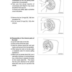 May include: Diagrams illustrating the disassembly of a hydraulic motor. The steps include removing the piston, O-rings, and internal parts. Text instructions accompany each step, with close-up views of the components.