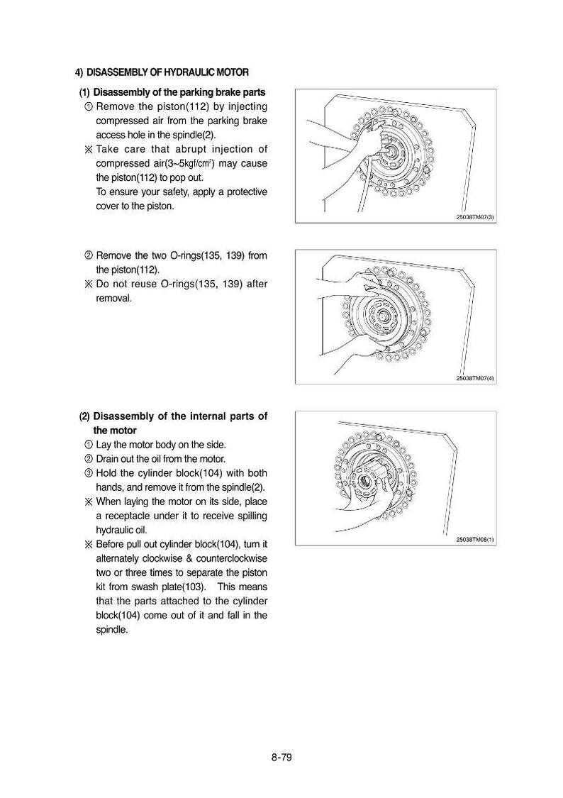 May include: Diagrams illustrating the disassembly of a hydraulic motor. The steps include removing the piston, O-rings, and internal parts. Text instructions accompany each step, with close-up views of the components.
