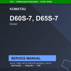 Może przedstawiać: Cyfrowa instrukcja serwisowa dla spycharek Komatsu D60S-7 i D65S-7. Okładka zawiera logo Komatsu i numery modeli w białym tekście na ciemnoniebieskim tle. Napis "SERVICE MANUAL" znajduje się w niebieskim polu.
