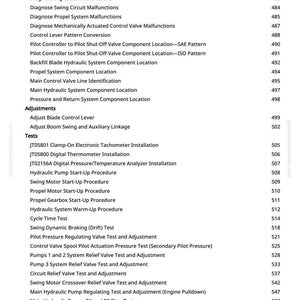 May include: A page from a manual with a list of diagnostic procedures, tests, and adjustments for hydraulic systems. The text includes titles like "Diagnose Hydraulic System Malfunctions" and "Hydraulic Pump Start-Up Procedure."