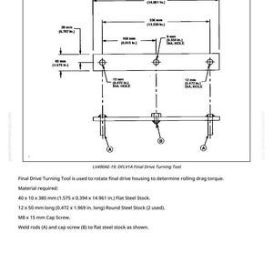 May include: Diagram of the DFLV1A Final Drive Turning Tool, with measurements in inches. The tool is made of flat and round steel stock, with a cap screw and weld rods. Dimensions are provided for each component.