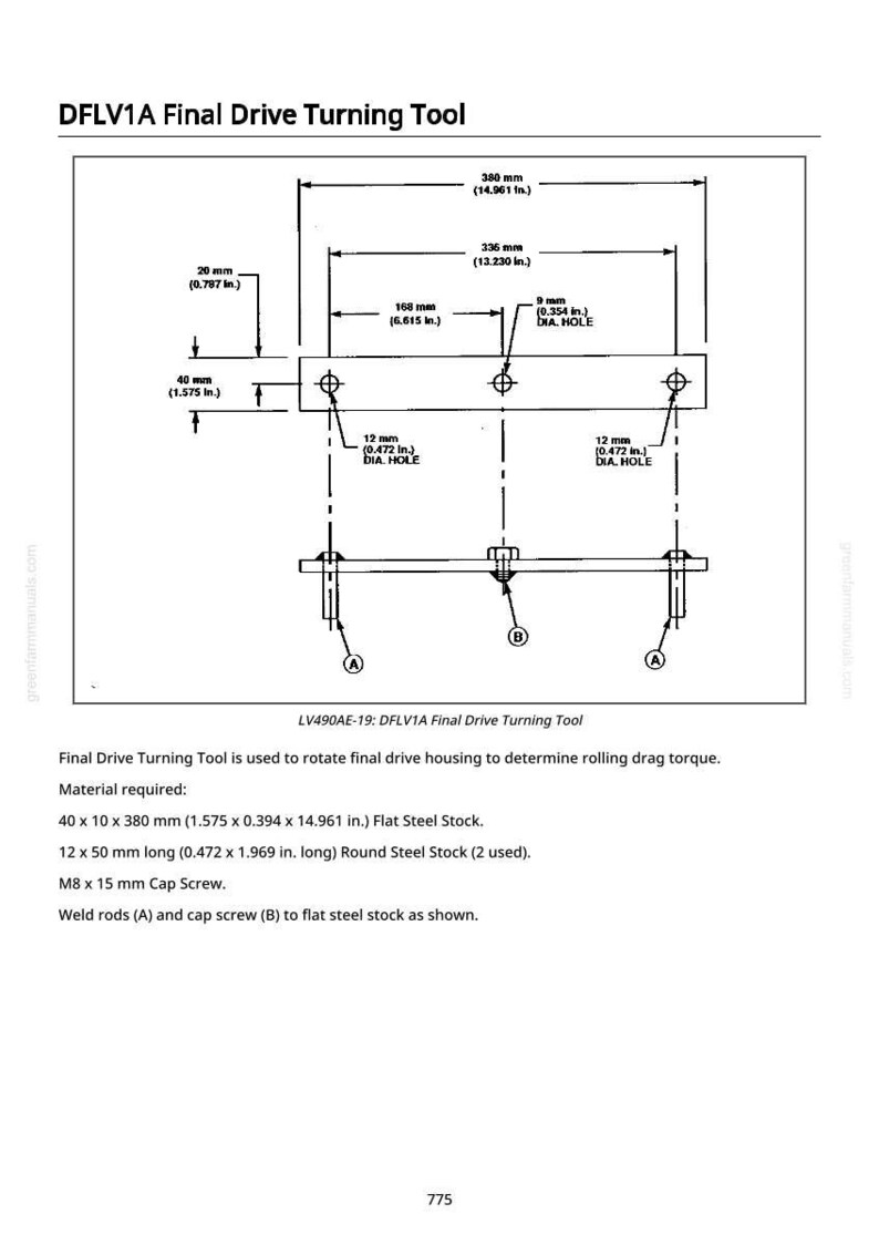May include: Diagram of the DFLV1A Final Drive Turning Tool, with measurements in inches. The tool is made of flat and round steel stock, with a cap screw and weld rods. Dimensions are provided for each component.