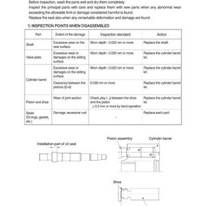 May include: Diagram of a mechanical component inspection guide. The image includes a table detailing inspection points, standards, and actions for parts like shafts, valve plates, and cylinder barrels. Illustrations of piston assembly and oil seal installation are also present.
