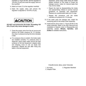 May include: A page from a manual with the title "50 Disassembly and assembly." The page includes instructions, diagrams, and a warning label. The text includes measurements in kPa and psi.