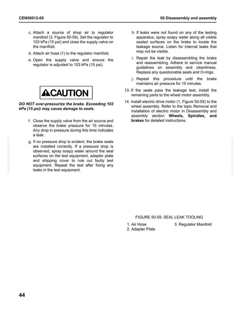 May include: A page from a manual with the title "50 Disassembly and assembly." The page includes instructions, diagrams, and a warning label. The text includes measurements in kPa and psi.