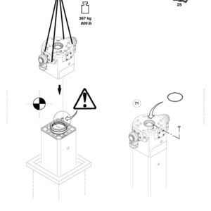 Puede incluir: Diagrama de componentes de maquinaria con un mecanismo de elevaci&oacute;n, que incluye un s&iacute;mbolo de advertencia y especificaciones de peso de 367 kg. La imagen tambi&eacute;n muestra un componente que se baja, con piezas adicionales.