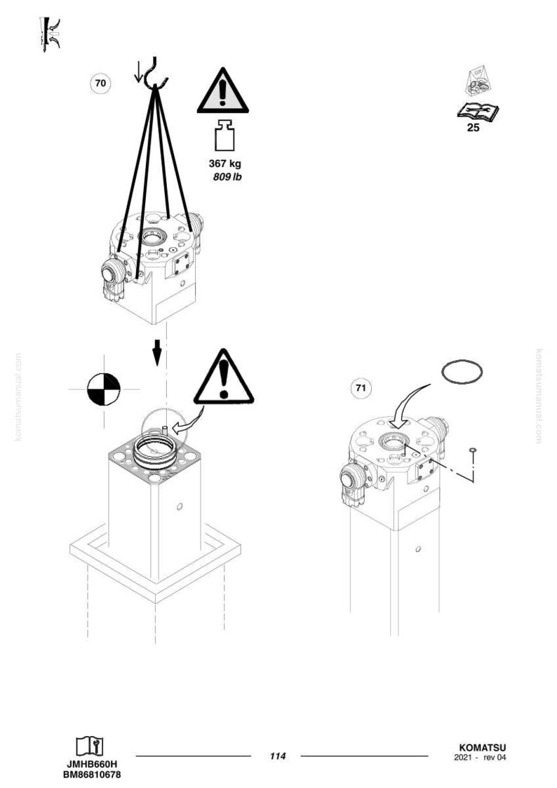 Puede incluir: Diagrama de componentes de maquinaria con un mecanismo de elevaci&oacute;n, que incluye un s&iacute;mbolo de advertencia y especificaciones de peso de 367 kg. La imagen tambi&eacute;n muestra un componente que se baja, con piezas adicionales.
