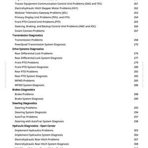 May include: A white page with a list of tractor diagnostic problems and their corresponding page numbers. The text includes terms like "AutoTrac Problems," "Transmission Diagnostics," and "Hydraulic Diagnostics."