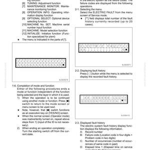 May include: A page from a manual with text and diagrams related to electrical system fault history display functions. The text includes instructions for selecting menus and displaying fault history, with diagrams of the display.