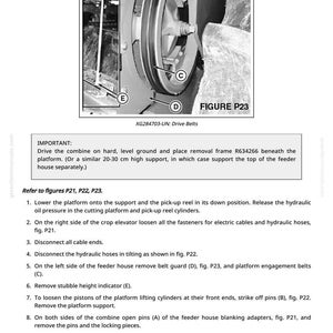 May include: Diagram of a combine's drive belts, with labels and figures for reference. The image includes text instructions for maintenance, detailing specific parts and procedures. The diagram is in black and white.