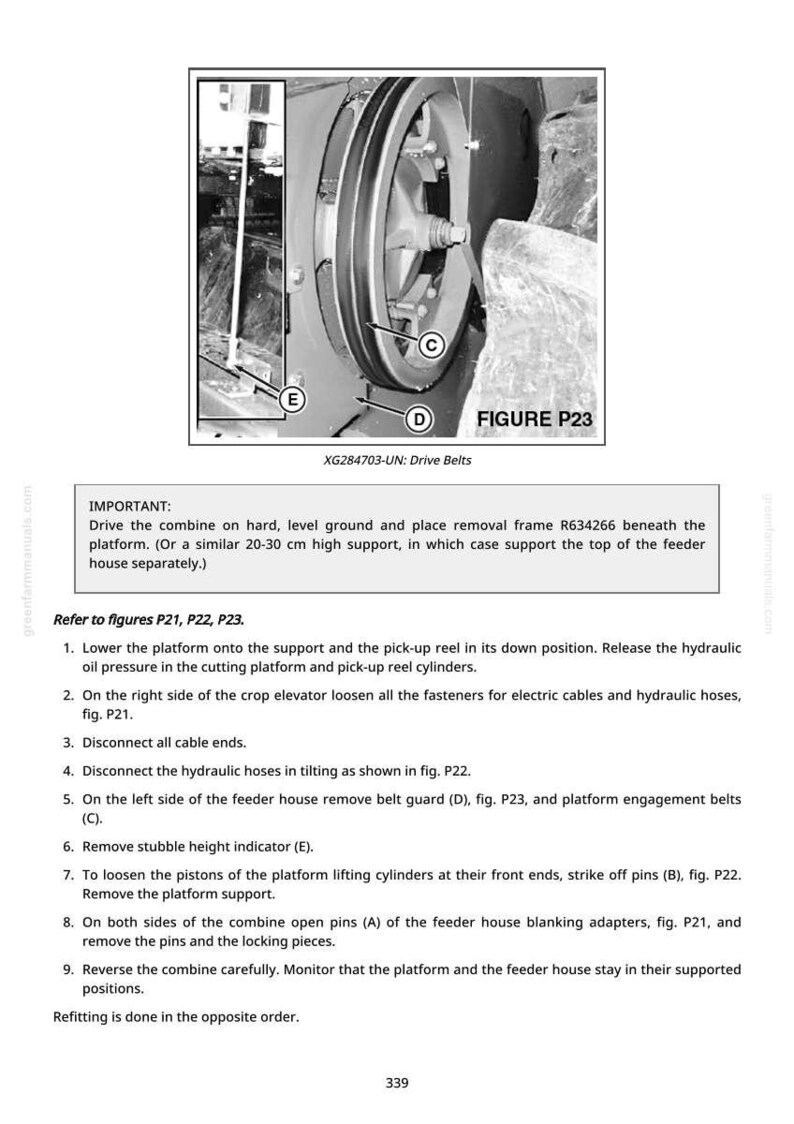 May include: Diagram of a combine's drive belts, with labels and figures for reference. The image includes text instructions for maintenance, detailing specific parts and procedures. The diagram is in black and white.