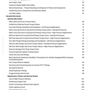 K&ouml;nnte beinhalten: Eine wei&szlig;e Seite mit einem detaillierten Inhaltsverzeichnis f&uuml;r die Kfz-Reparatur und -Wartung. Die Liste umfasst Themen wie Drehmomentwerte, Hydraulikanschl&uuml;sse und Sicherheitsverfahren. Die Seitenzahl ist 3.