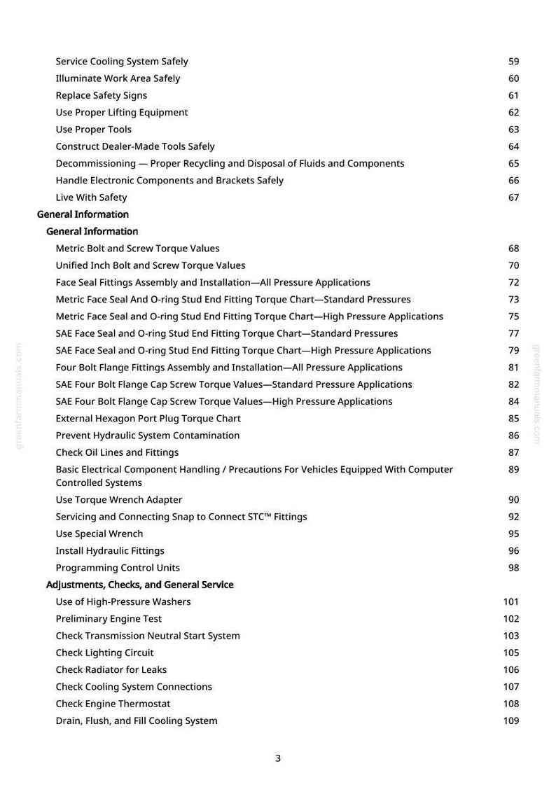 K&ouml;nnte beinhalten: Eine wei&szlig;e Seite mit einem detaillierten Inhaltsverzeichnis f&uuml;r die Kfz-Reparatur und -Wartung. Die Liste umfasst Themen wie Drehmomentwerte, Hydraulikanschl&uuml;sse und Sicherheitsverfahren. Die Seitenzahl ist 3.