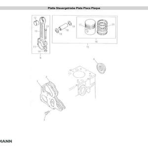 K&ouml;nnte beinhalten: Eine technische Zeichnung mit verschiedenen Motorkomponenten, darunter ein Kolben, eine Pleuelstange und Lager. Die Zeichnung ist mit Nummern versehen und enth&auml;lt den Text "Platte Steuergetriebe Plate Placa Plaque". Das Weidemann-Logo befindet sich unten links.