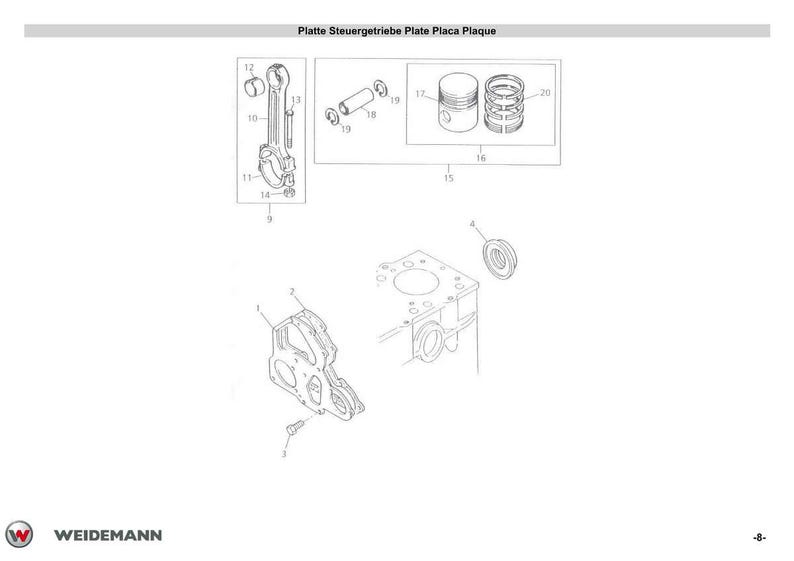 K&ouml;nnte beinhalten: Eine technische Zeichnung mit verschiedenen Motorkomponenten, darunter ein Kolben, eine Pleuelstange und Lager. Die Zeichnung ist mit Nummern versehen und enth&auml;lt den Text "Platte Steuergetriebe Plate Placa Plaque". Das Weidemann-Logo befindet sich unten links.
