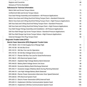 May include: A detailed contents page from a manual, listing technical references, diagnostic trouble codes, and electric power generation faults. The document includes page numbers and various technical specifications.