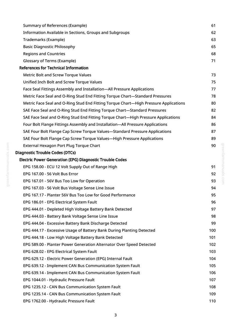 May include: A detailed contents page from a manual, listing technical references, diagnostic trouble codes, and electric power generation faults. The document includes page numbers and various technical specifications.