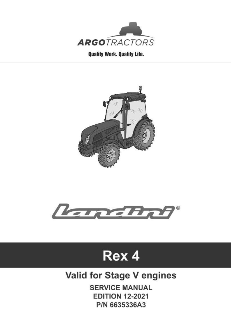 May include: A black and gray tractor illustration with the text "ARGOTRACTORS" and "Landini Rex 4". The image also includes the text "Quality Work. Quality Life."