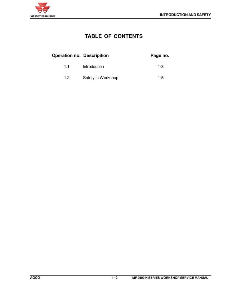 May include: A page from a Massey Ferguson workshop service manual. The top of the page has the text "INTRODUCTION AND SAFETY". The table of contents lists "Introduction" and "Safety in Workshop". The Massey Ferguson logo is in the top left corner.