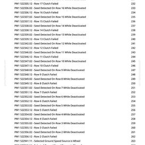 May include: A document with a list of system messages and error codes, including "Clutch Failed" and "Seed Detected" messages. The text is in black font on a white background, with a numbered list on the right side.