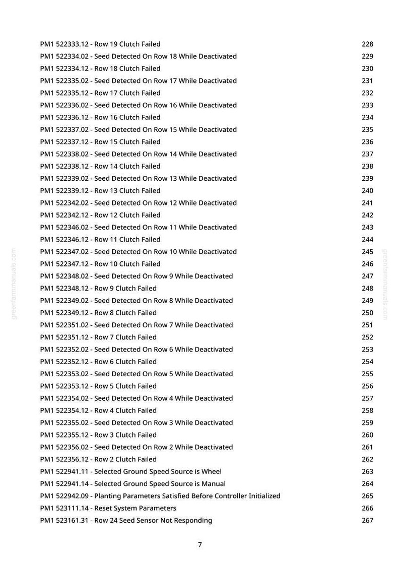 May include: A document with a list of system messages and error codes, including "Clutch Failed" and "Seed Detected" messages. The text is in black font on a white background, with a numbered list on the right side.