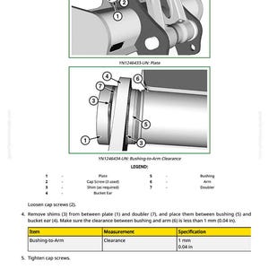 May include: Diagram of mechanical components with labels. Includes a plate, cap screws, shims, bucket ear, bushing, arm, and doubler. The text indicates a bushing-to-arm clearance of 1 mm (0.04 in).