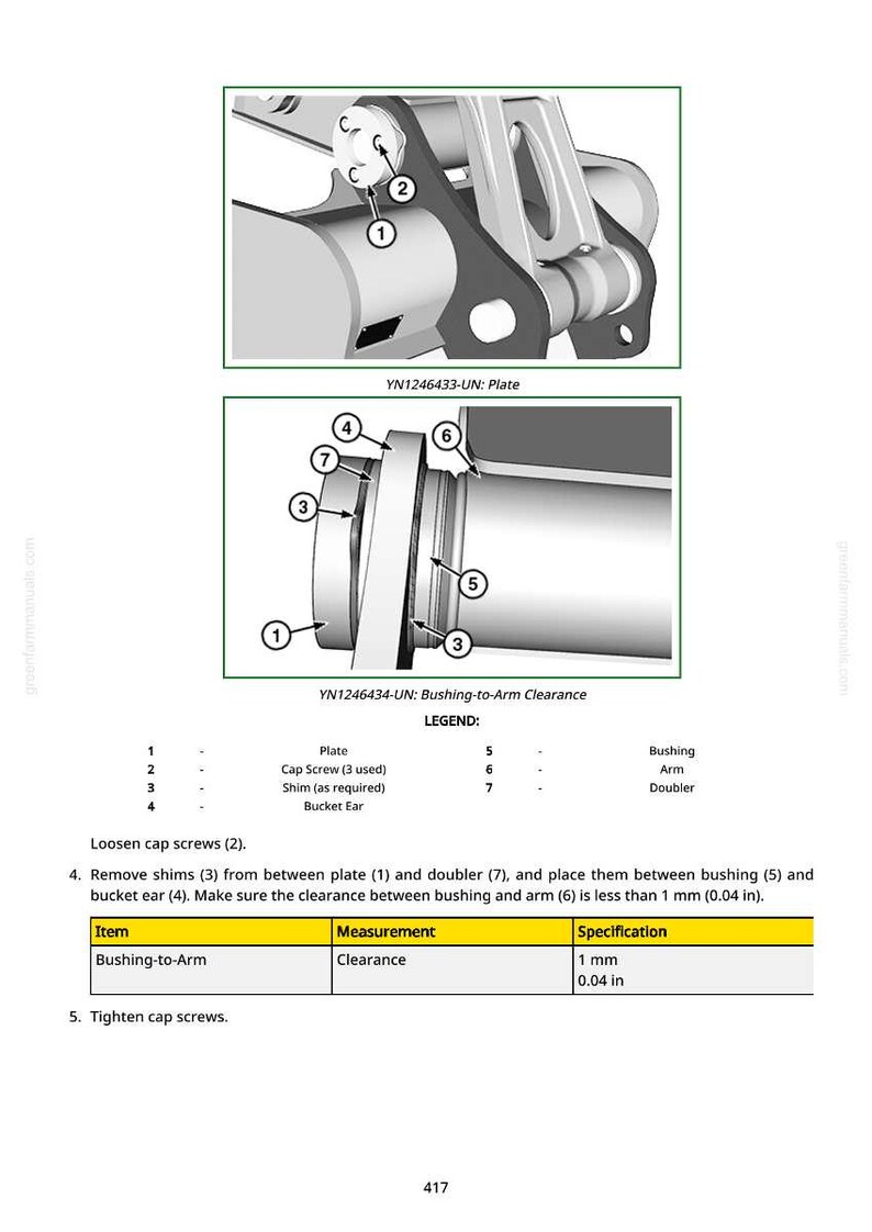 May include: Diagram of mechanical components with labels. Includes a plate, cap screws, shims, bucket ear, bushing, arm, and doubler. The text indicates a bushing-to-arm clearance of 1 mm (0.04 in).