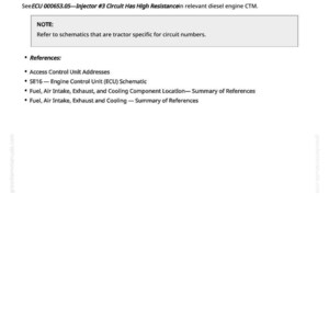 May include: White page with text detailing a code diagnosis for a diesel engine. The text includes "ECU 000653.05 - Injector #3 Circuit Has High Resistance" and a list of references for further information.