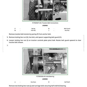 May include: Diagram of a machine's internal components, including a wheel, belts, and various nuts and bolts. The image includes labels and text detailing the traction belt connections and axle bearing. The text includes instructions for maintenance.
