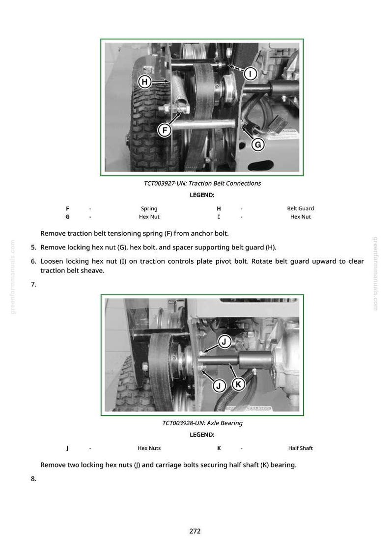 May include: Diagram of a machine's internal components, including a wheel, belts, and various nuts and bolts. The image includes labels and text detailing the traction belt connections and axle bearing. The text includes instructions for maintenance.