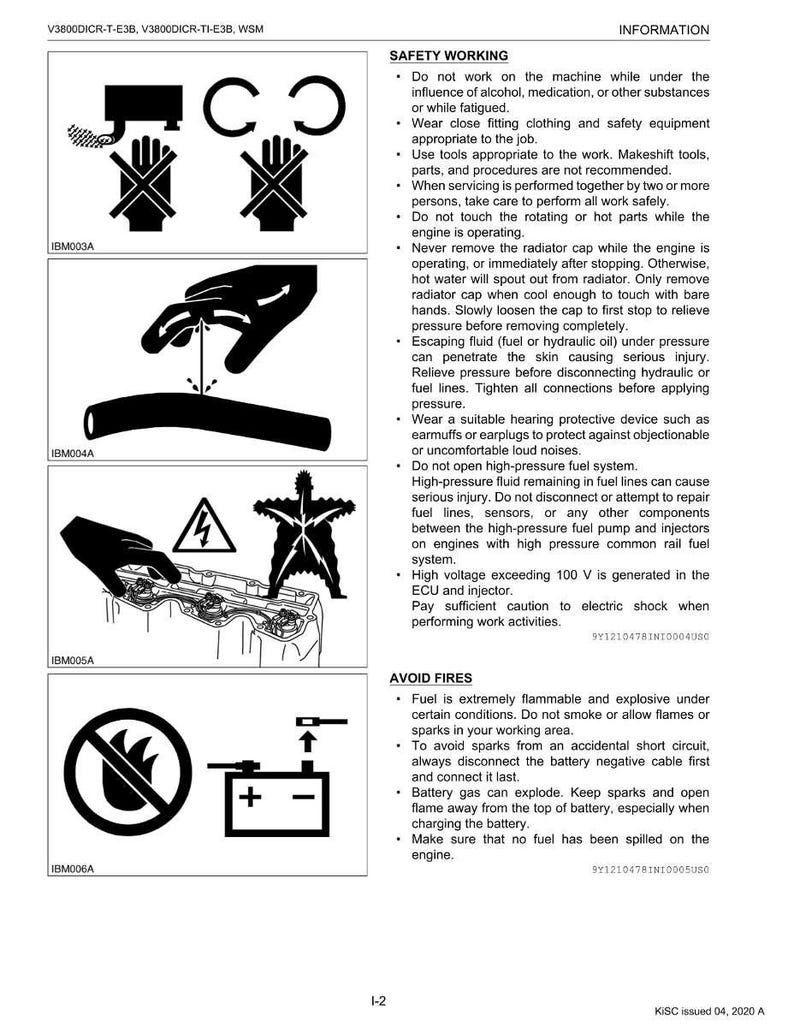 K&ouml;nnte beinhalten: Eine Seite mit Sicherheitsinformationen mit Diagrammen und Text. Der obere Abschnitt, &bdquo;SICHERHEITSARBEITEN&ldquo;, enth&auml;lt Warnungen vor Alkohol, Kleidung und hei&szlig;en Motorteilen. Der untere Abschnitt, &bdquo;BR&Auml;NDE VERMEIDEN&ldquo;, beschreibt Ma&szlig;nahmen zur Brandverh&uuml;tung, einschlie&szlig;lich Batteriesicherheit.