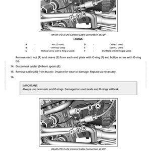 May include: Diagram illustrating a control cable connection at SCV, with labelled parts including nuts, sleeves, hollow screws, cables, spools, and end plates with O-rings. Instructions for removal and inspection are provided.