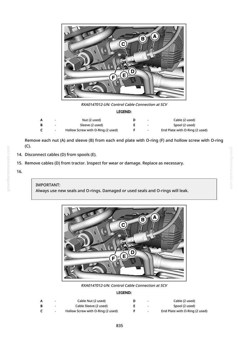 May include: Diagram illustrating a control cable connection at SCV, with labelled parts including nuts, sleeves, hollow screws, cables, spools, and end plates with O-rings. Instructions for removal and inspection are provided.