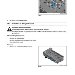 May include: Image from a maintenance manual showing a cylinder head with blue and black components. The diagram includes text instructions and warnings about heavy components and procedures.