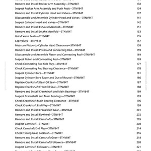 May include: A page from a manual with a list of engine repair specifications. The text includes instructions for removing and installing various engine components, such as the alternator drive belt, cylinder head, and crankshaft.