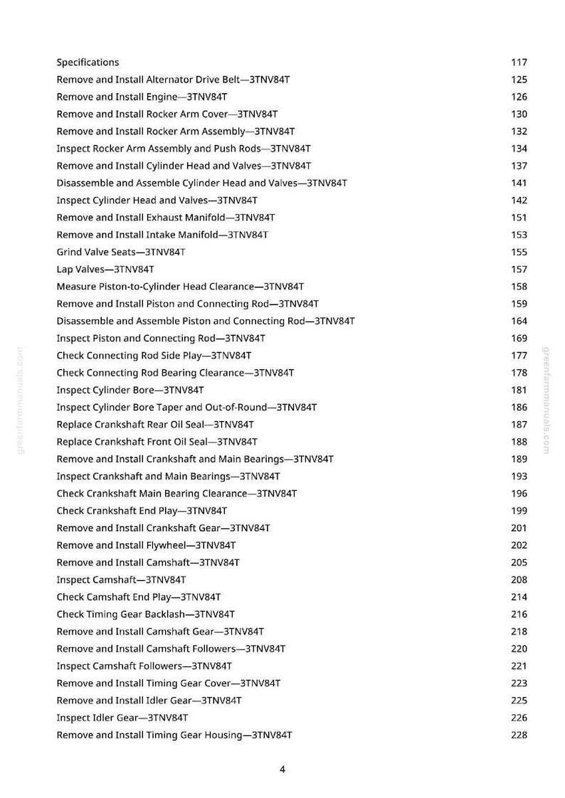 May include: A page from a manual with a list of engine repair specifications. The text includes instructions for removing and installing various engine components, such as the alternator drive belt, cylinder head, and crankshaft.