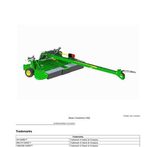 May include: A green and yellow mower conditioner C500, with a long arm extending to the right. The image includes the text "Product View" and "General Information". The mower has a large cutting deck and a wheel on the left side.