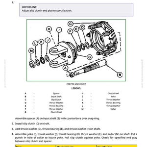 May include: Diagram of a slip clutch assembly for balers, including parts like spacers, thrust washers, and bearings. The diagram includes a legend with part names and a specification for end play of 0.635 mm (0.025 in.).