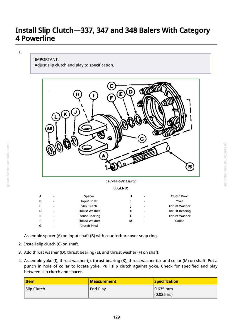 May include: Diagram of a slip clutch assembly for balers, including parts like spacers, thrust washers, and bearings. The diagram includes a legend with part names and a specification for end play of 0.635 mm (0.025 in.).