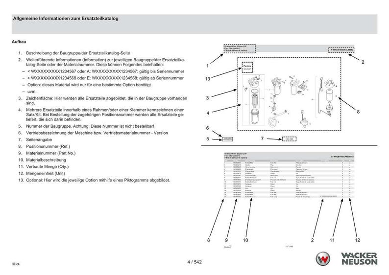 May include: A detailed technical diagram from a parts catalog, featuring exploded views of mechanical components and a parts list. The document includes labels and numbers for easy identification of parts, with a Wacker Neuson logo.
