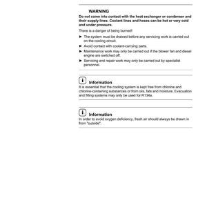 K&ouml;nnte beinhalten: Eine Seite aus einem Handbuch mit Sicherheitsanweisungen f&uuml;r die Klimaanlage. Der Text enth&auml;lt Warnungen vor K&uuml;hlmittelleitungen und der Notwendigkeit, das System vor der Wartung zu entleeren. Zus&auml;tzliche Sicherheitshinweise.